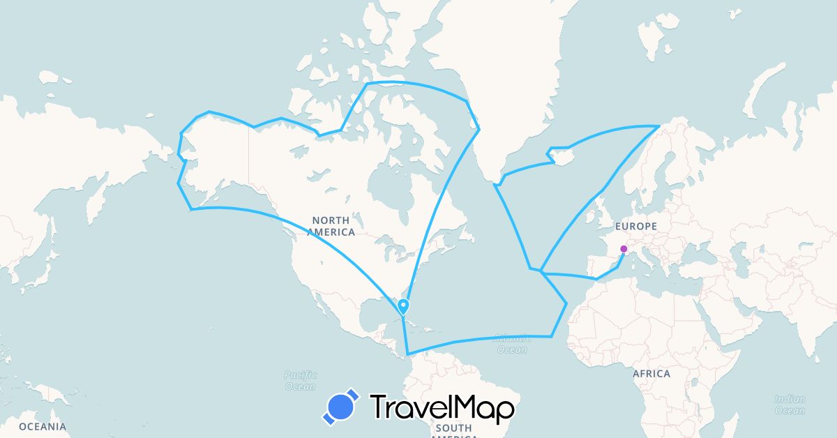 TravelMap itinerary: train, boat in Canada, Cuba, Cape Verde, Spain, France, United Kingdom, Gibraltar, Greenland, Iceland, Saint Lucia, Norway, Panama, Portugal, United States (Africa, Europe, North America)